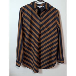 CHICOS Blouse Women's Medium 6 Button TOP Tunic Shirt Brown Blue STRIPE Academia